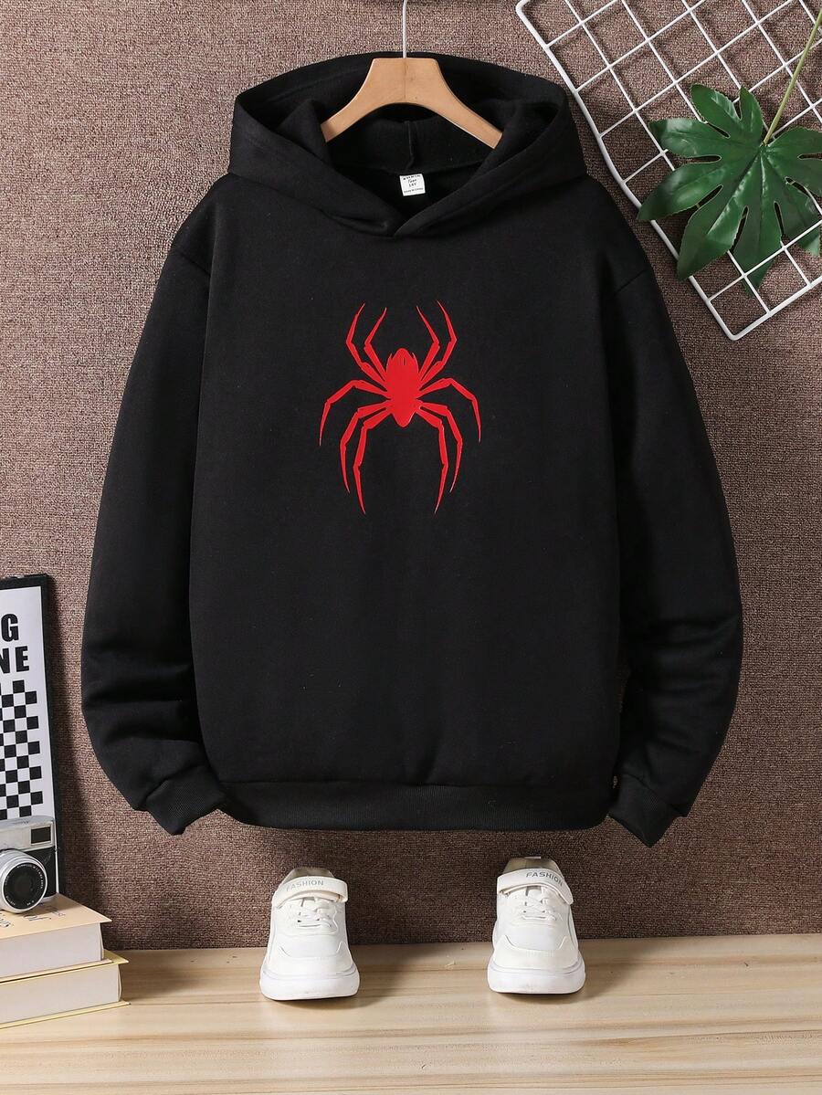 Teen Boy Spider Graphic Print Sweatshirt, Casual Pullover Sweatshirt Chic For Autumn/Winter Fall - Black - View 1