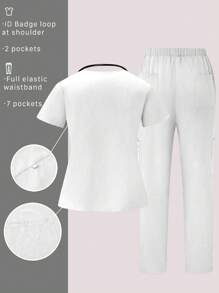 TaskEZ Conjunto de uniforme de enfermera de talla grande para mujer con top de unicolor con cuello en V y parche, bolsillo y manga corta, y pantalón largo