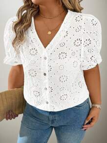 Flouryn Plus Size Women Embroidered V-Neck Puff Sleeve Button Down Shirt - White - View 5