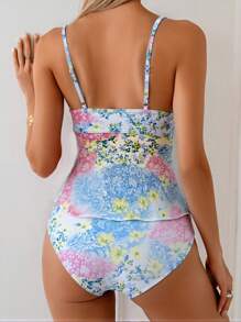 SHEIN Swim 女士度假碎花荷叶边可调节细肩带高腰吊带比基尼上衣