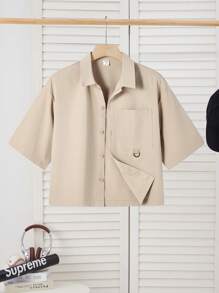 SHEIN 青少年男孩休闲短袖口袋黑色衬衫，运动街头服饰朋克摇滚学校派对外出音乐节服装，适合春夏季 - 卡其色 - 查看 4