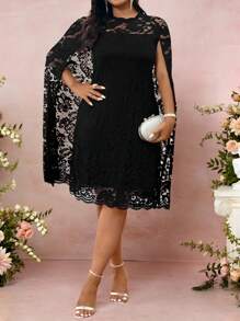 Allurite Women's Plus Size Round Neck Slit Long Sleeve Cape Loose Fit Lace Dress Summer Women Outfit Spring Dress Elegant Lace Dress Wedding Women Dress Romantic Dress Wedding Guest Business Casual Dress