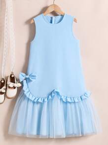 Elladie kids Tween Girls Lace Mesh Patchwork Sleeveless Princess Dress - Blue - View 3