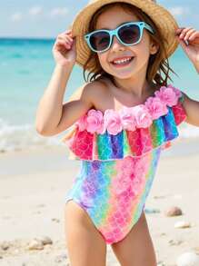 SHEIN 少女3D花朵荷叶边连体细肩带泳衣 - 藍色 - 查看 1