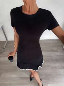 Siren Gaze Women's Elegant Black And White Ruffle Hem Mini Dress,Knitted Bodycon Summer Cocktail Party Dress,Cute Business Casual Brunch Work Short Dress - Black - View 6