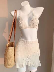 Comfortcana Set da 2 pezzi da donna, costume da bagno a collo alto di colore unito e minigonna