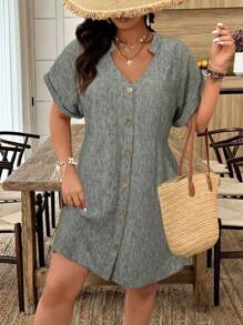 Calvaya Plus Size V-Neck Color Woven Raglan Sleeve Casual A-Line Dress