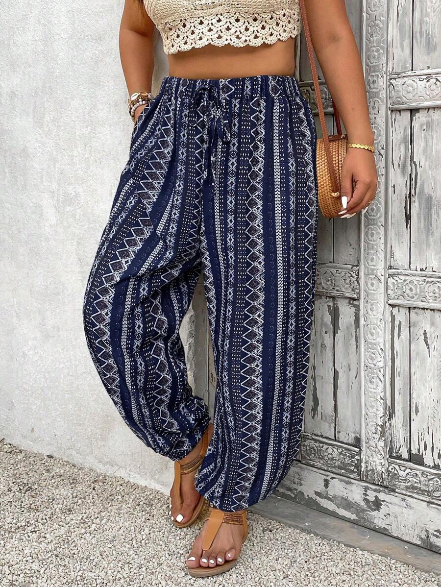 SHEIN VCAY 大码几何印花抽绳腰休闲哈伦裤 - 藍色 - 查看 1