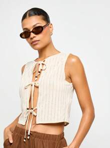 AiiRZ Top corto a costine senza maniche con bottoni in perla, dettaglio con fiocco, stile boho moderno, chic da spiaggia, vacanza estiva, festival - Albicocca - Visualizzare 1