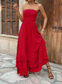 Breezaya Women's Elegant Boho Strapless Bubble Dress Holiday Beach Red Summer - Red - View 3