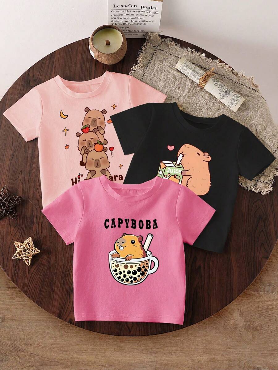 SHEIN 3件套女童水豚卡通印花圆领短袖可爱T恤，粉色*1件，酒红色*1件，黑色*1件，夏季款 - 黑色 - 查看 1
