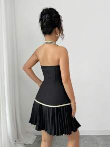 SHEIN Unity Set 2 Potong Rok Lipit Tanpa Lengan Motif Bunga Renda Elegan untuk Sehari-hari, Warna Hitam - Hitam - View 2