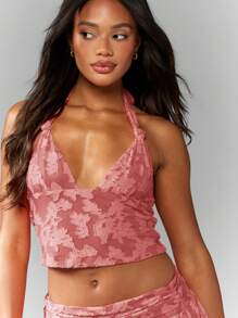 MISSGUIDED 花卉纹理吊带背心短款上衣节日海滩夏季吊带背心露背双层褶边 - 粉色 - 查看 7