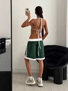 StreetHx 女式街头字母印花抽绳腰部宽松运动短裤 - 綠色 - 查看 2