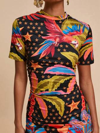Travachic Tropical Print Round Neck Summer Bodycon Mini Dress,Summer Dresses For Women,Vacation Outfits Woman,Fall Women Clothes ,Autumn,Dress For Women