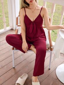 SHEIN 女士夏季结饰吊带背心和裤子睡衣套装 - 酒紅色 - 查看 6