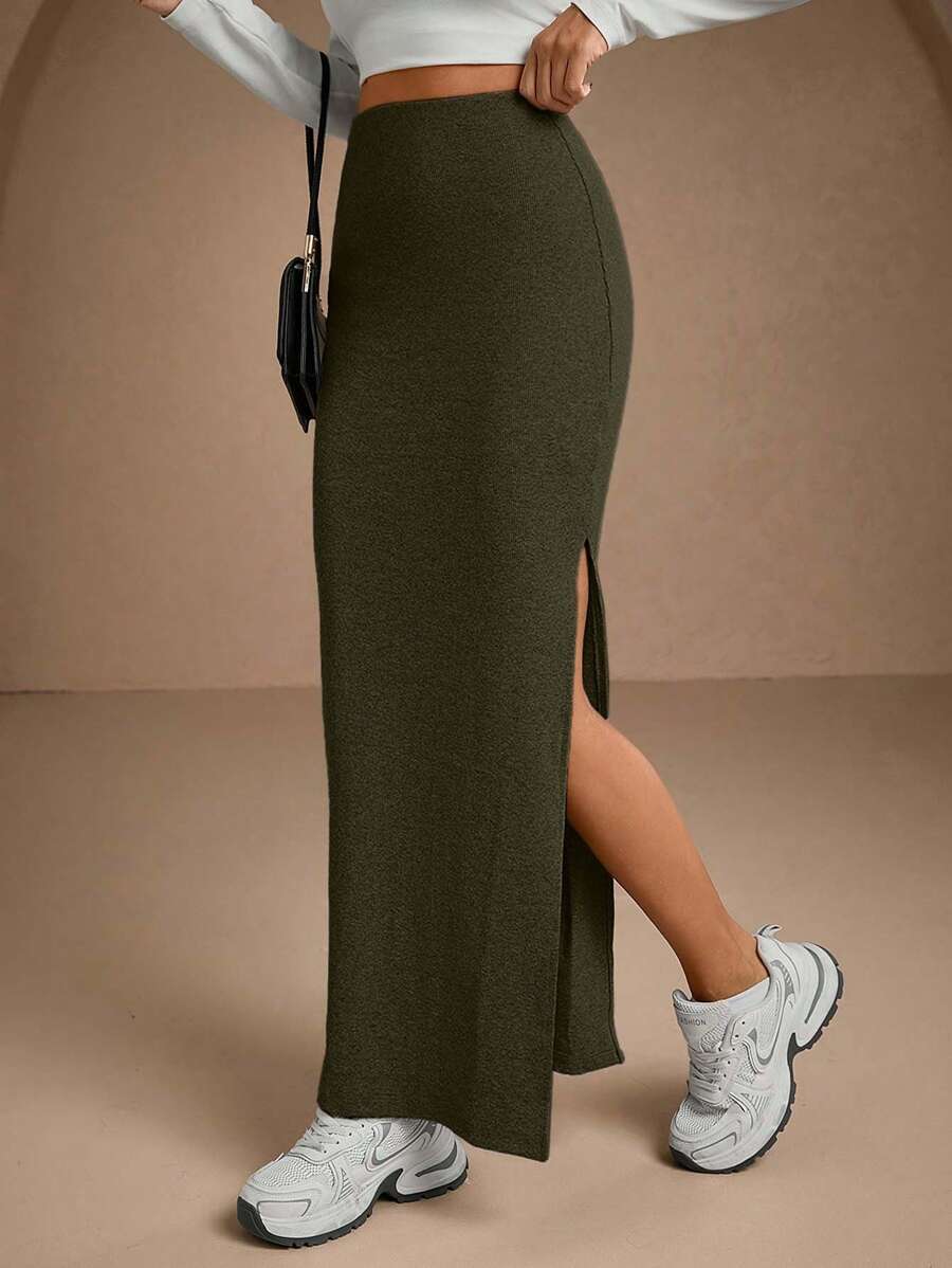 EURMUSE Women Solid Color Slit Detailed Tube Skirt - Army Green - View 1