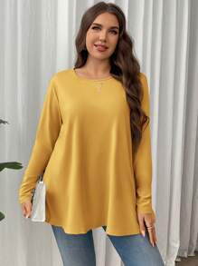 SHEIN Privé Camiseta de manga larga holgada y elástica de cuello redondo lisa, talla grande, adecuada para tiempo libre, hogar y ropa de resortacion - Amarillo - Ver 6