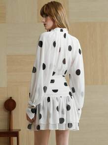 Aveloria Women's Short Style Big Wave Polka Dot Waist Slimming Chiffon Dress Simple Elegant Dress Cute Style Long Sleeved Dress White Autumn Women's Clothing, All White Party Outfit Women Fall Cloth For Women - White - View 2