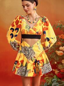 ISELACOS Frida Kahlo X SHEIN X Designer 全身印花灯笼袖镂空迷你连衣裙女士夏季连衣裙度假装 - 黃色 - 查看 5