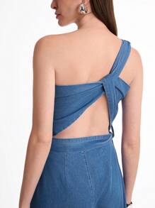 Daynim Women's Asymmetric Collar Belted Sleeveless Denim Jumpsuit