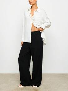 超大号亚麻纽扣衬衫办公室休闲长袖衬衫商务专业工作服简约经典纹理 - 白色 - 查看 3