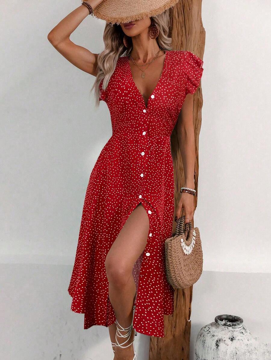 SHEIN Tall 女士单排扣波点短袖度假连衣裙 - 紅色 - 查看 1