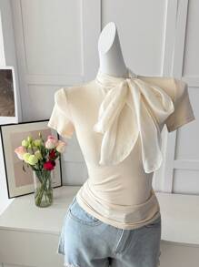 DAZY Women's Summer Tie Strap Short Sleeve Fitted T-Shirt, Elegant Casual Tee For Urban Life