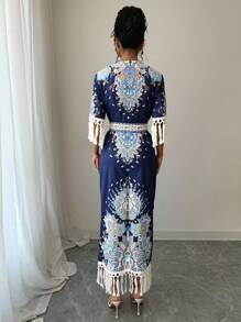 Chiquease Round Neck Side Slit Hem Printed Long Dress For Women - Blue - View 2