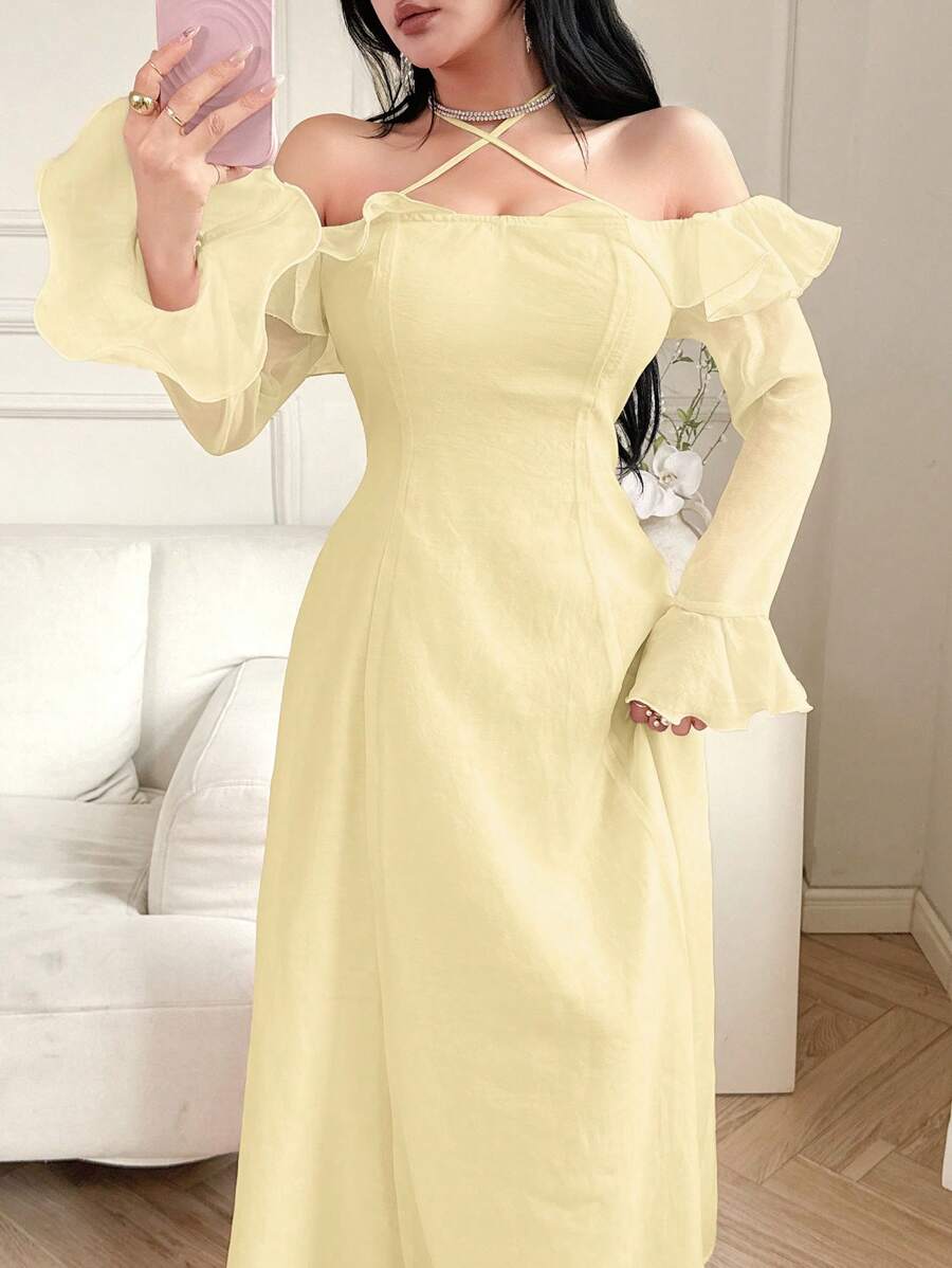 Feyla Women's Elegant Solid Color Ruffle Flare Sleeve Halter Dress - Yellow - View 1
