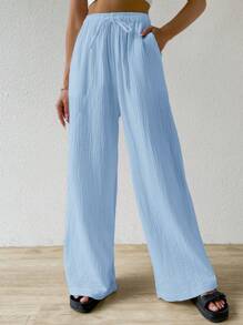 SHEIN EZwear 夏季纯色纹理褶皱面料宽松抽绳腰系带纯棉休闲度假大码阔腿裤 - 淺藍色 - 查看 3