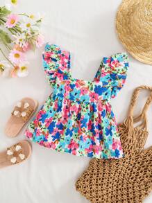 SHEIN Young Girl Woven Square Collar Ruffle Trim Casual Blouse