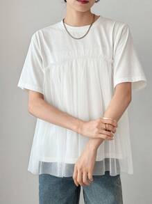 FRIFUL 女士宽松圆领网眼拼布大下摆纯色T恤 - 白色 - 查看 6