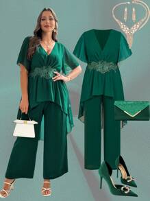 SHEIN Clasi Plus Size Elegant Floral Embroidered Shirt And Pants 2 Pieces Set, Summer - Dark Green - View 9