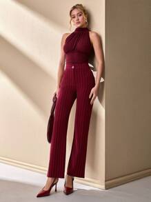 CLARA VERO Women Stripe Pattern High Waist Straight Pants - Burgundy - View 3