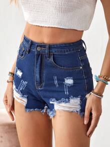 女士休闲时尚纽扣磨损下摆牛仔短裤