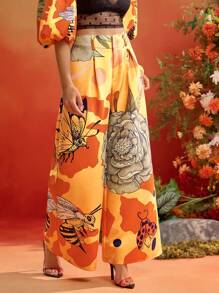 ISELACOS Frida Kahlo X SHEIN X Designer 花卉和昆虫印花褶皱阔腿及地长裤，女夏季花卉印花裤橙色裤子女阔腿裤蝴蝶印花裤花裤昆虫印花裤高腰裤印花裤 - 黃色 - 查看 4