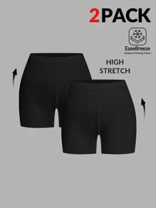 SHEIN EZwear 2pcs/Set Plus Size Solid Color Compression Leggings, Summer Stretchy Shorts Women - Black - View 1