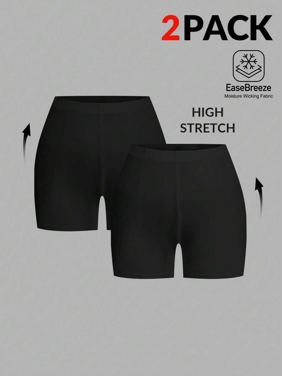 SHEIN EZwear 2pcs/Set Plus Size Solid Color Compression Leggings, Summer Stretchy Shorts Women - Black - View 1