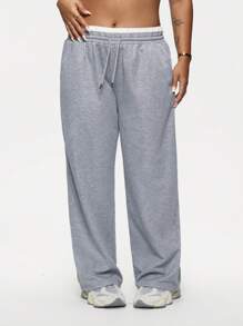 女式加大码撞色松紧腰带抽绳宽松直筒裤口袋休闲运动裤