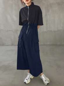 FRIFUL Robe longue à manches courtes pour femmes avec fermeture éclair métallique, volants superposés et patchwork. Vêtement d'été pour le travail. Vêtements d'été pour femmes. Vêtements d'été pour femmes de grande taille. Vêtements d'été formels pour femmes - Bleu marine - Voir 6