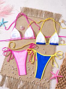 SHEIN Swim 4pcs Women's Sexy Two-Tone Halter Tie Up Bikini Set, Beach Pool Party Vacation Swimsuit, Spring/Summer - Multicolor - View 2