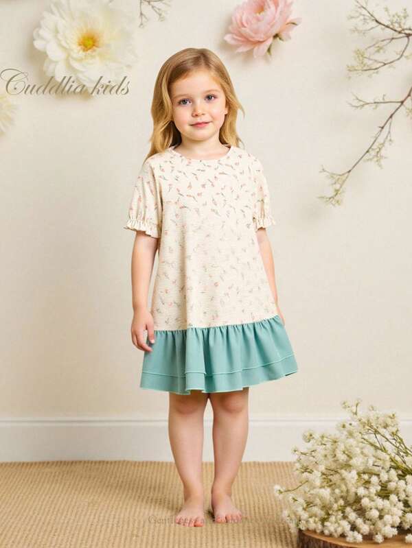 1pc Girls Minimalist Fresh Ditsy Floral Ruffle Hem Round Neck Long Nightgown, Comfortable Casual Loungewear Set Young Girls Clothing Dresses Spring Dresses For Girls Girl Clothes For Kids Dress Girl Clothes For Kids Young Girls Dresses Young Girls Dresses Kids Clothes Girls Dress Kids Dresses For Girls Spring