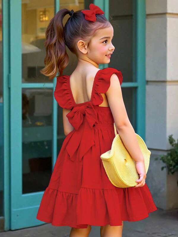 Wildeya Vestido largo de tejido con volantes y moño para niñas en estilo tropical de vacaciones