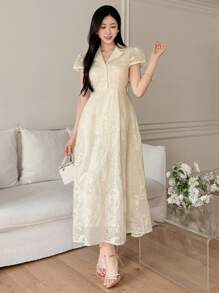 纯色提花面料翻领公主袖修身优雅长款夏季连衣裙，女士长款连衣裙 - 米色 - 查看 4