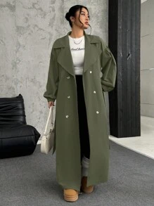 SHEIN EZwear 大码橄榄绿色双排扣系带长袖长款风衣，秋冬 - 橄欖綠 - 查看 3