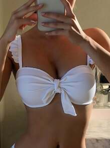 Swim Mod Summer Beach Knot Front Ruffle Push Up Bikini Top - White - View 1