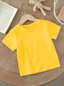 SHEIN Young Girl Solid Color Casual Round Neck Short Sleeve T-Shirt, Suitable For Summer - Yellow - View 5