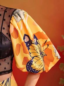 ISELACOS Frida Kahlo X SHEIN X Designer Polka Dot Transparent Mesh Printed Lantern Sleeves Sexy Top Women Summer Top - Multicolor - View 6