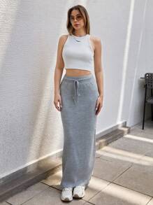 EURMUSE Women Solid Color Drawstring Detailed Long Sweater Skirt - Grey - View 3